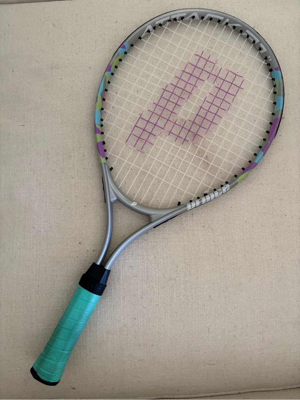 Prince Kids Tennis Racket in Silver with Teal Grip and Multicolor Accents